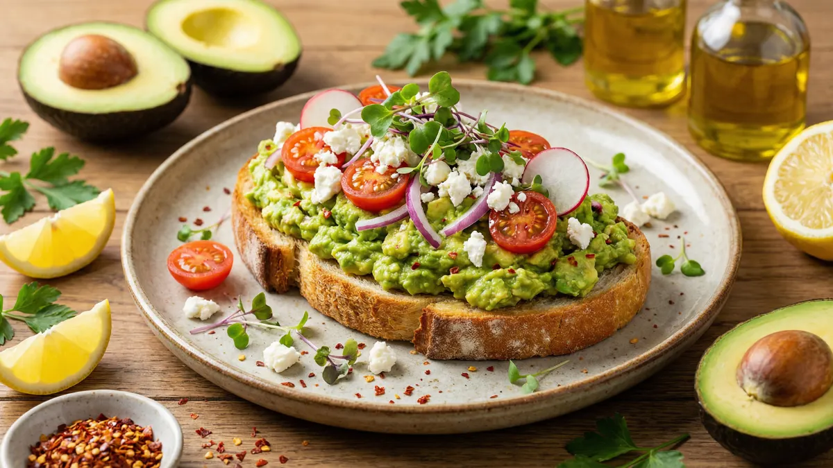 Using a spoon to spread a thick layer of chunky, seasoned avocado mash onto a warm, toasted slice of bread.