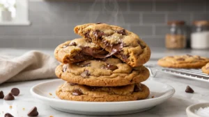 Close-up of a stack of warm, homemade chocolate chip cookies on a rustic table, with one broken in half to show a gooey, melted chocolate chip interior, next to a glass of cold milk. easy sweet dessert recipe