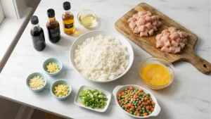 All ingredients for chicken fried rice prepared and organized: bowls of chopped chicken, cooked rice, eggs, vegetables, and sauces.