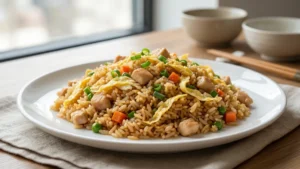 A close-up of homemade chicken fried rice in a bowl, showing fluffy eggs, tender chicken pieces, peas, carrots, and green onions.