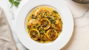 golden brown chicken piccata served with fresh lemon slices and parsley.
