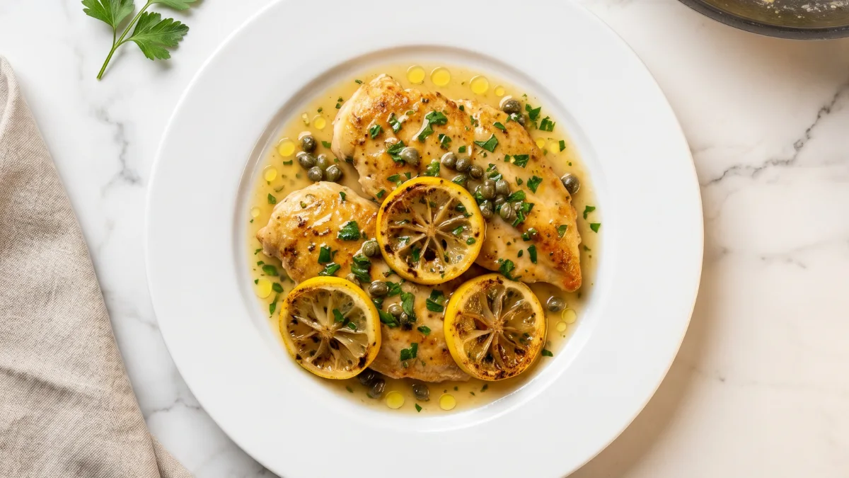 golden brown chicken piccata served with fresh lemon slices and parsley.