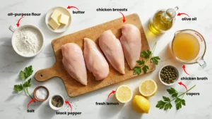 chicken, lemons, capers, butter, garlic, and herbs for piccata preparation.
