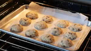 Chocolate chip cookies baking in preheated oven at 375°F with golden brown edges and soft centers