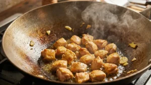 Chopped chicken pieces sizzling and browning in a hot wok with oil.