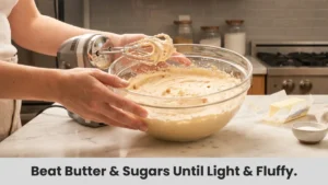 Electric mixer beating softened butter with brown sugar and white sugar until light and fluffy for cookie dough base.