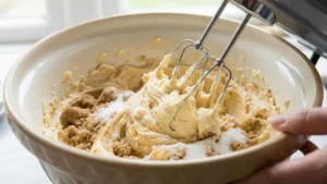 Electric mixer beating softened butter with brown sugar and white sugar until light and fluffy for cookie dough base.