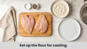 Chicken cutlets being coated in seasoned flour before pan frying for chicken piccata.