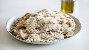 Chicken cutlets being coated in seasoned flour before pan frying for chicken piccata.