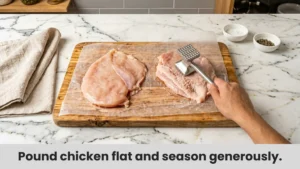 Flattening chicken breast with a rolling pin for even cooking in chicken piccata.