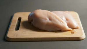 Flattening chicken breast with a rolling pin for even cooking in chicken piccata.