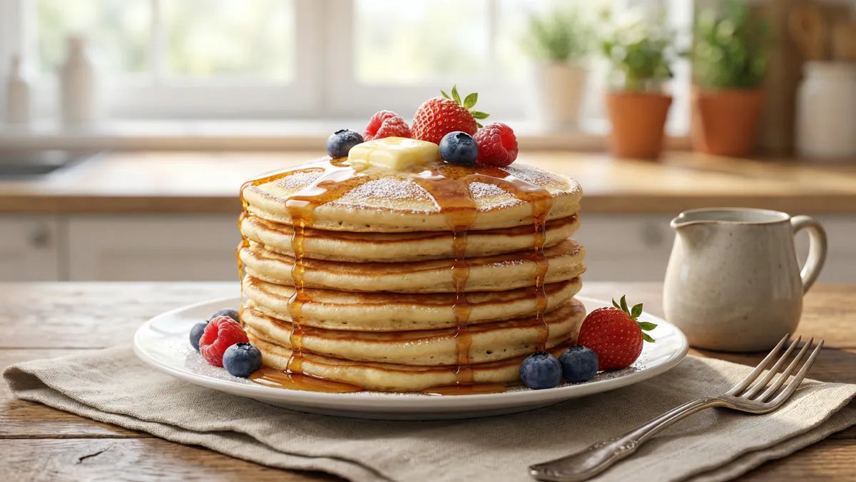 Fluffy golden-brown pancake stack topped with butter, maple syrup, and fresh berries.
