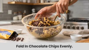 Stirring semi-sweet chocolate chips into cookie dough mixture with a spatula until evenly distributed.
