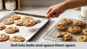 Freshly baked chocolate chip cookies cooling on wire rack after baking, ready to enjoy.