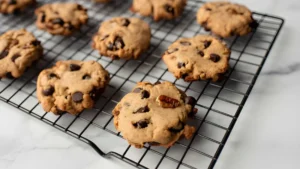 Freshly baked chocolate chip cookies cooling on wire rack after baking, ready to enjoy