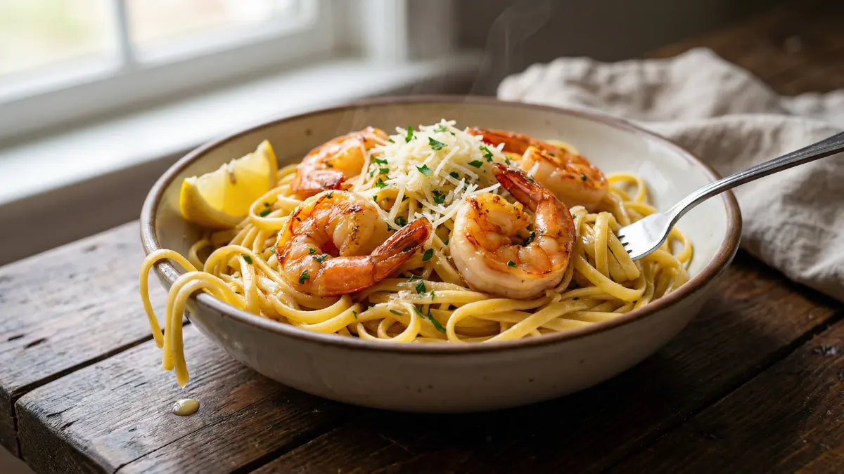 A plate of creamy garlic shrimp linguine with juicy pink shrimp, garnished with fresh parsley and parmesan cheese, on a wooden table.