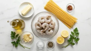 All ingredients for garlic shrimp pasta recipe: shrimp, linguine, garlic, lemon, parsley, parmesan, butter, and olive oil.