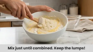 Spatula gently folding wet and dry ingredients to create slightly lumpy pancake batter.