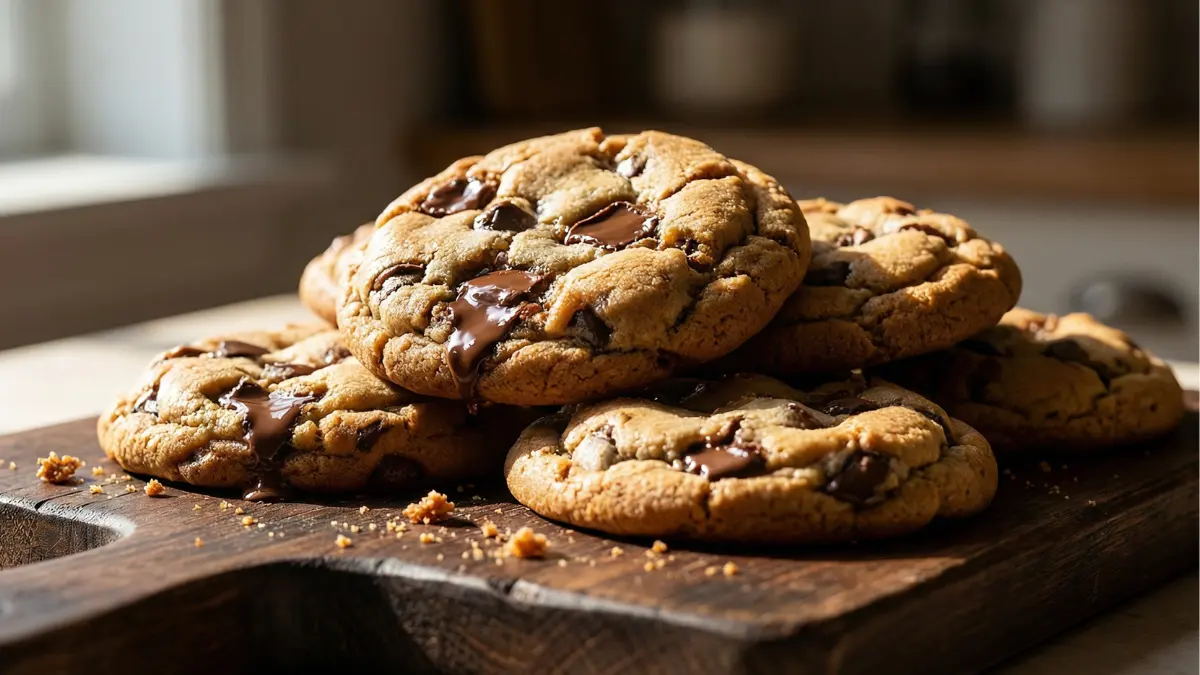 Close-up of a stack of warm, homemade chocolate chip cookies on a rustic table, with one broken in half to show a gooey, melted chocolate chip interior, next to a glass of cold milk.