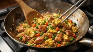 Combining cooked chicken, scrambled eggs, and green onions into the fried rice for the final mix.