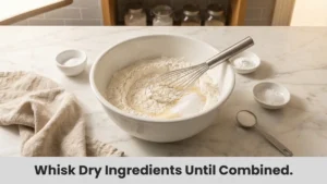 Flour, baking powder, sugar, and salt being mixed together in a bowl for fluffy pancakes.