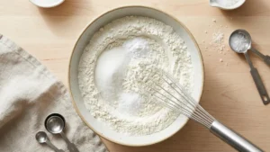Flour, baking powder, sugar, and salt being mixed together in a bowl for fluffy pancakes.