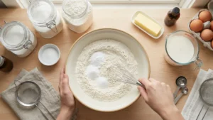 Combining all-purpose flour, baking soda, and salt in a separate bowl for chocolate chip cookie dry mixture