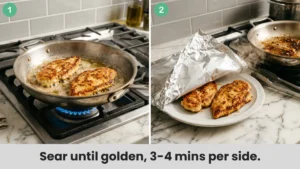chicken cooking in butter and olive oil in a skillet for chicken piccata.