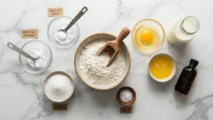 Top-down view of pancake ingredients including flour, egg, buttermilk, and butter prepared for cooking.