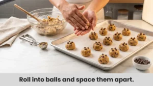 Using cookie scoop to portion dough into 1.5-tablespoon balls spaced 2 inches apart on baking sheet.