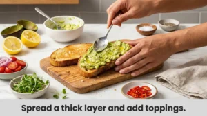 Using a spoon to spread a thick layer of chunky, seasoned avocado mash onto a warm, toasted slice of bread.