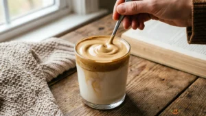 A spoon stirring whipped coffee and milk together to create a creamy, mixed beverage.