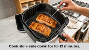Seasoned salmon fillets cooking skin-side down in an air fryer basket until crispy β Tasty Recipe Zone.
