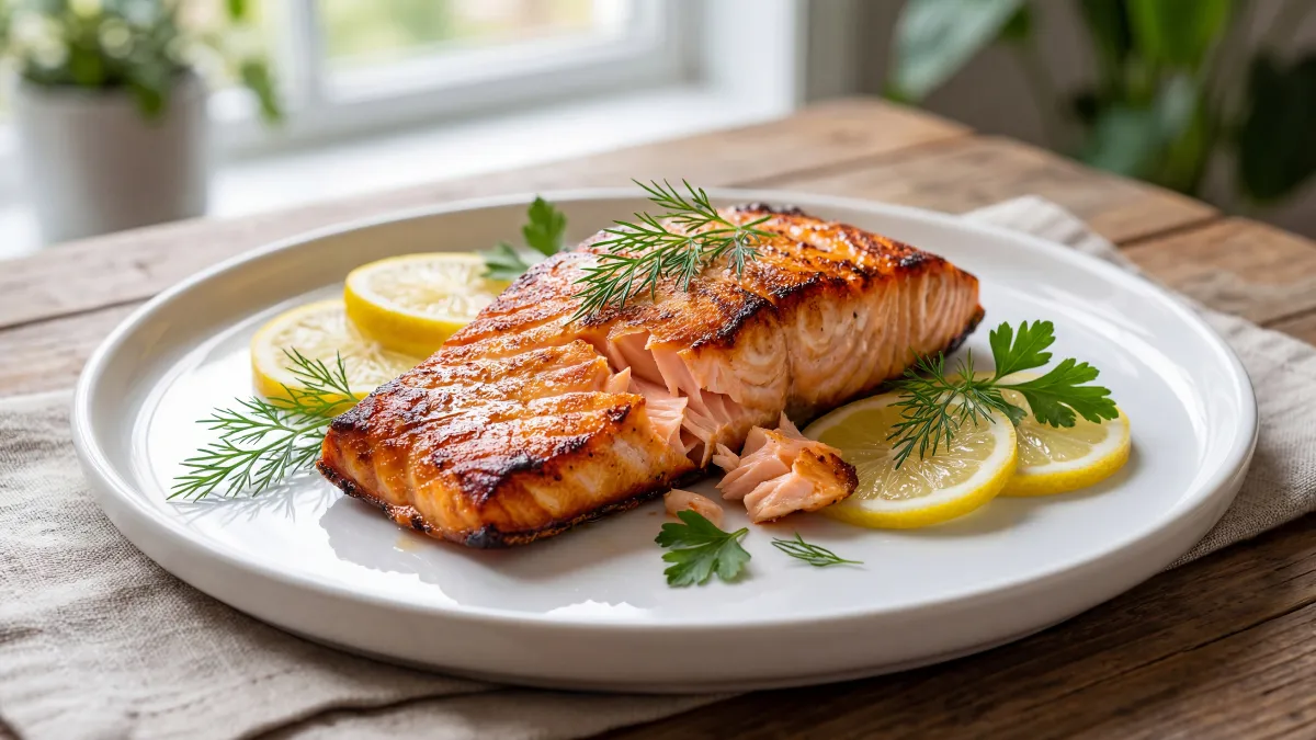 Crispy air fryer salmon fillet with golden-brown skin served with lemon and herbs – Tasty Recipe Zone.