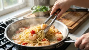 Chef tossing shrimp and linguine pasta together in a pan with sauce.