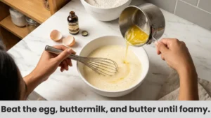 Egg, buttermilk, butter, and vanilla being whisked together to prepare pancake batter.