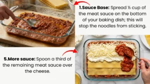 Process of assembling lasagna: spreading meat sauce on the bottom of the baking dish and layering noodles with ricotta cheese
