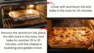 Baking lasagna in the oven: covered with aluminum foil initially and baking until the cheese topping is golden brown and bubbling.