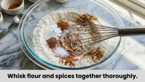 Dry ingredients like flour and warm spices being whisked together in a large bowl for carrot cake batter.