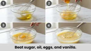 Sugar, oil, eggs, and vanilla being whisked together into a thick shiny mixture for carrot cake.