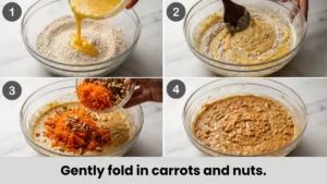 Wet and dry ingredients are gently folded together with grated carrots and nuts to make thick carrot cake batter.