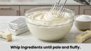 Cream cheese and butter being whipped with powdered sugar and vanilla into a thick fluffy frosting for carrot cake.