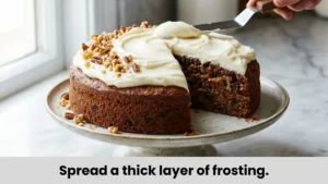 Cooled carrot cake being covered with cream cheese frosting and sliced, ready to serve on a white plate.