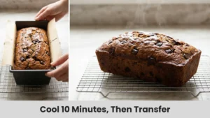 Freshly baked banana bread cooling on wire rack before slicing.