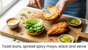 Assembling the ultimate crispy fried chicken sandwich with lettuce, pickles, and spicy mayo on a brioche bun.