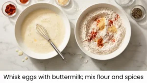 Dipping station setup with buttermilk egg wash and seasoned flour mixture for coating crispy fried chicken.