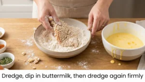 Double-dipping chicken in seasoned flour to create extra crispy coating for fried chicken sandwich.
