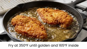 Frying breaded chicken to golden perfection in hot oil at 350°F for crispy fried chicken sandwich.