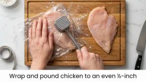 Pounding chicken breast with a meat mallet to even thickness for crispy fried chicken sandwich.
