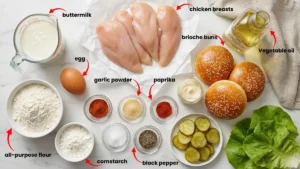 Overhead view of all ingredients for a homemade crispy chicken sandwich recipe, including chicken breasts, brioche buns, flour, cornstarch, eggs, buttermilk, spices, lettuce, pickles, and mayo on a kitchen counter.